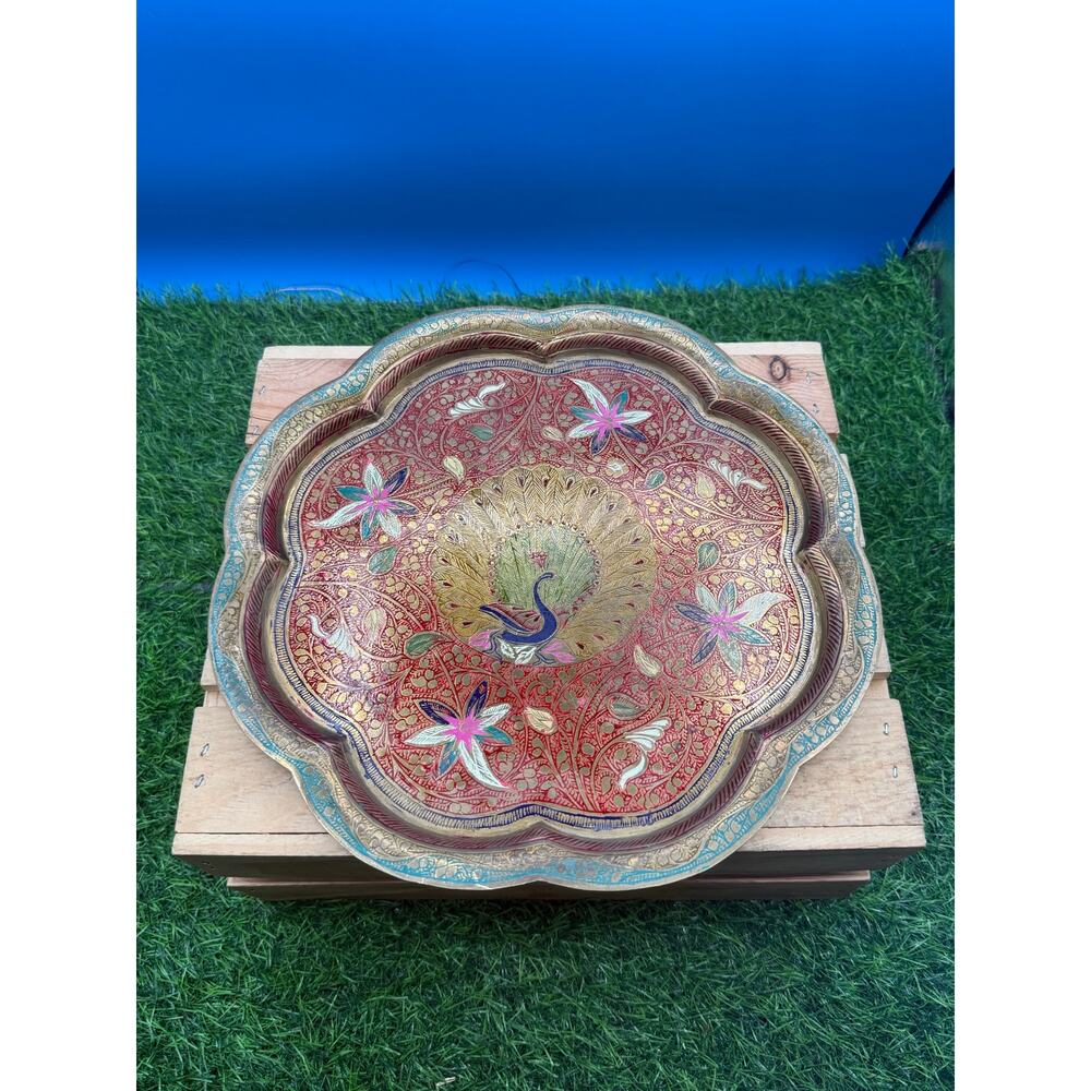 Vintage 11" Hand-Engraved Indian Brass Peacock Tray – Scalloped Enamel Platter
